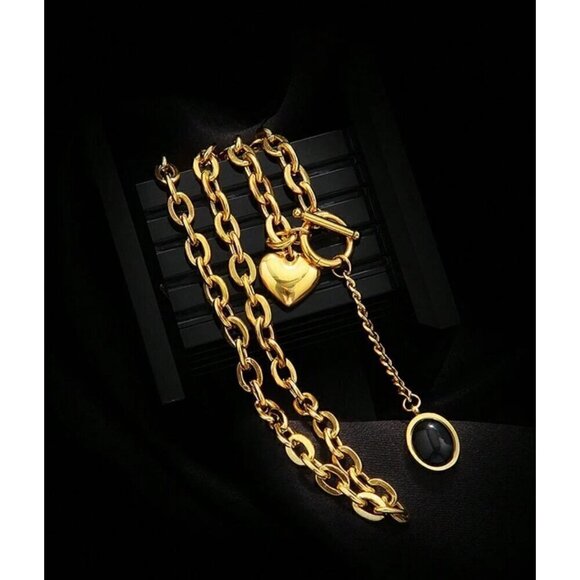 18k Golden Plated Necklace Heart Chain Stainless Steel - Picture 3 of 5